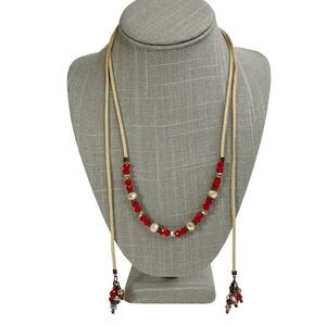Red Faceted Glass Beaded Faux Suede Cord Slide Lock Necklace